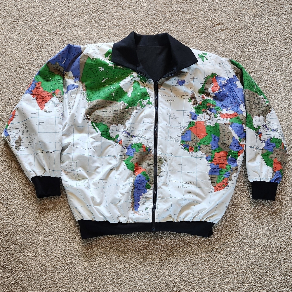 Vintage 80s World Map Print Jacket - Women's XL